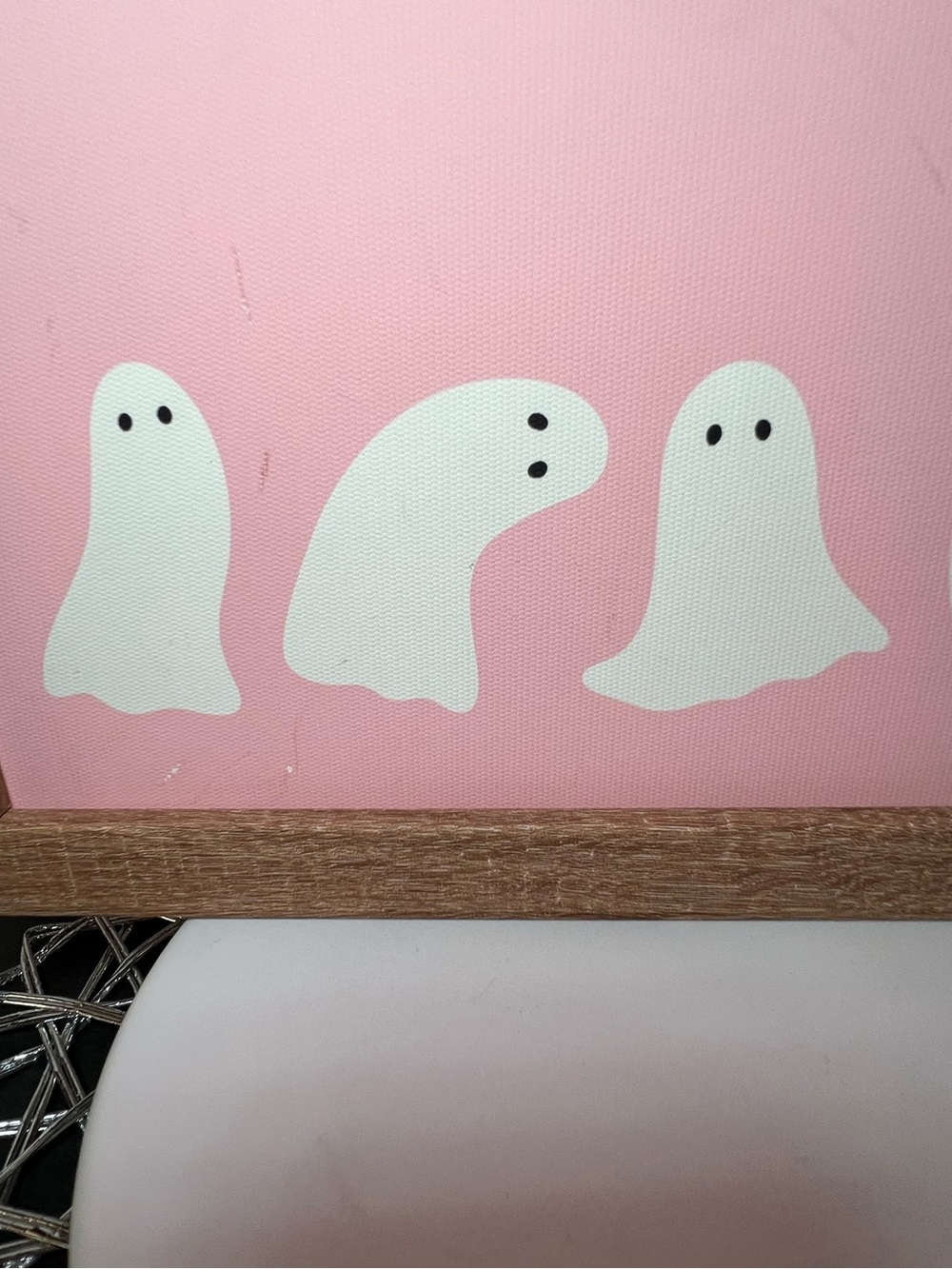 Halloween Cute White Ghosts Wooden Box Decor Sign Pink Background - Picture 6 of 7